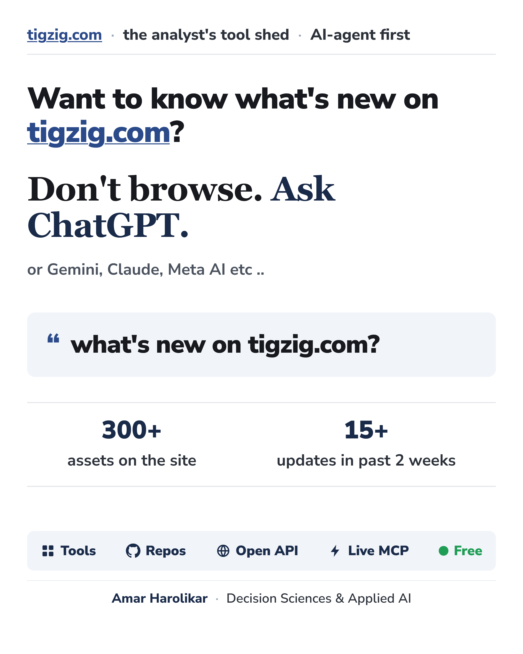 Tigzig is Built AI-Agent First. 300+ Assets, and the Fastest Way In Is to Ask Your AI.