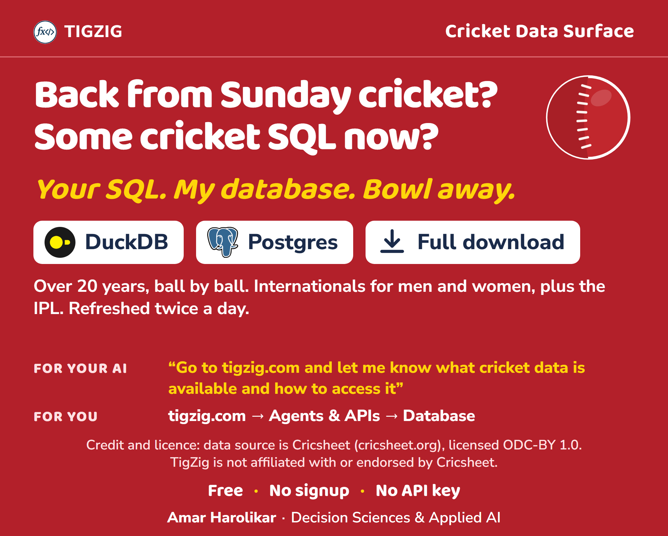 Back from Sunday cricket? Some cricket SQL now: a free ball-by-ball cricket database on DuckDB, Postgres or one download