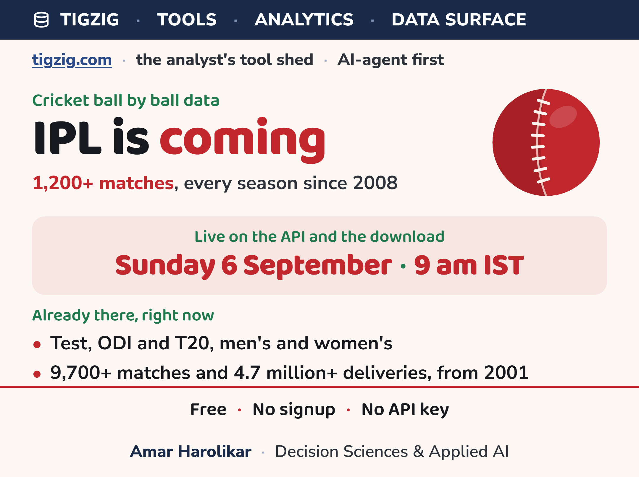IPL Ball by Ball Data Arrives on the Tigzig Cricket API This Sunday, 6 September, at 9 am IST. About 1,200 Matches and Every Season Since 2008.
