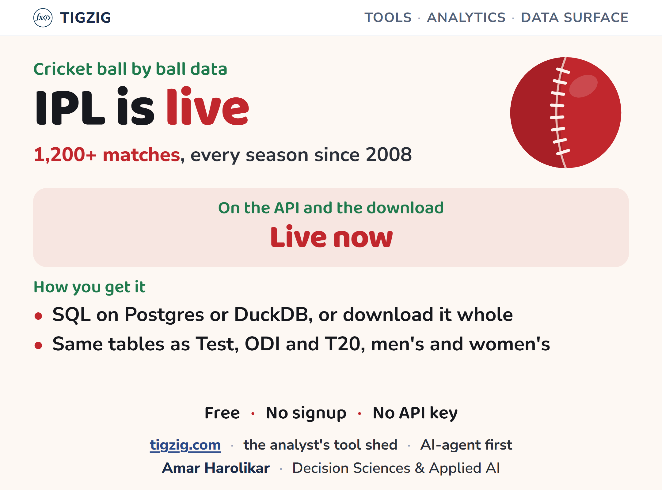 IPL Ball by Ball Data Is Live on the Tigzig Cricket API and Download. 1,200+ Matches, Every Season Since 2008.