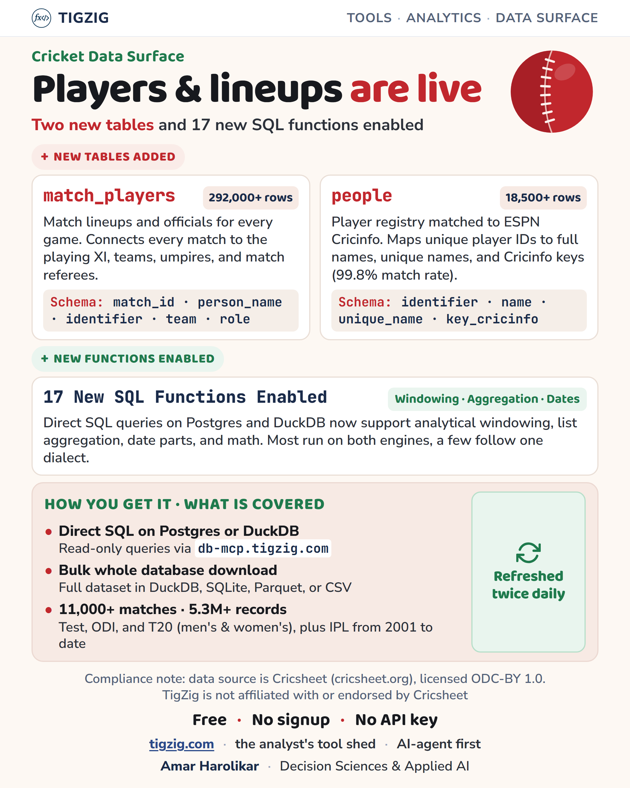 Two new cricket tables, match_players and people, plus 17 new SQL functions, live on the Tigzig cricket database