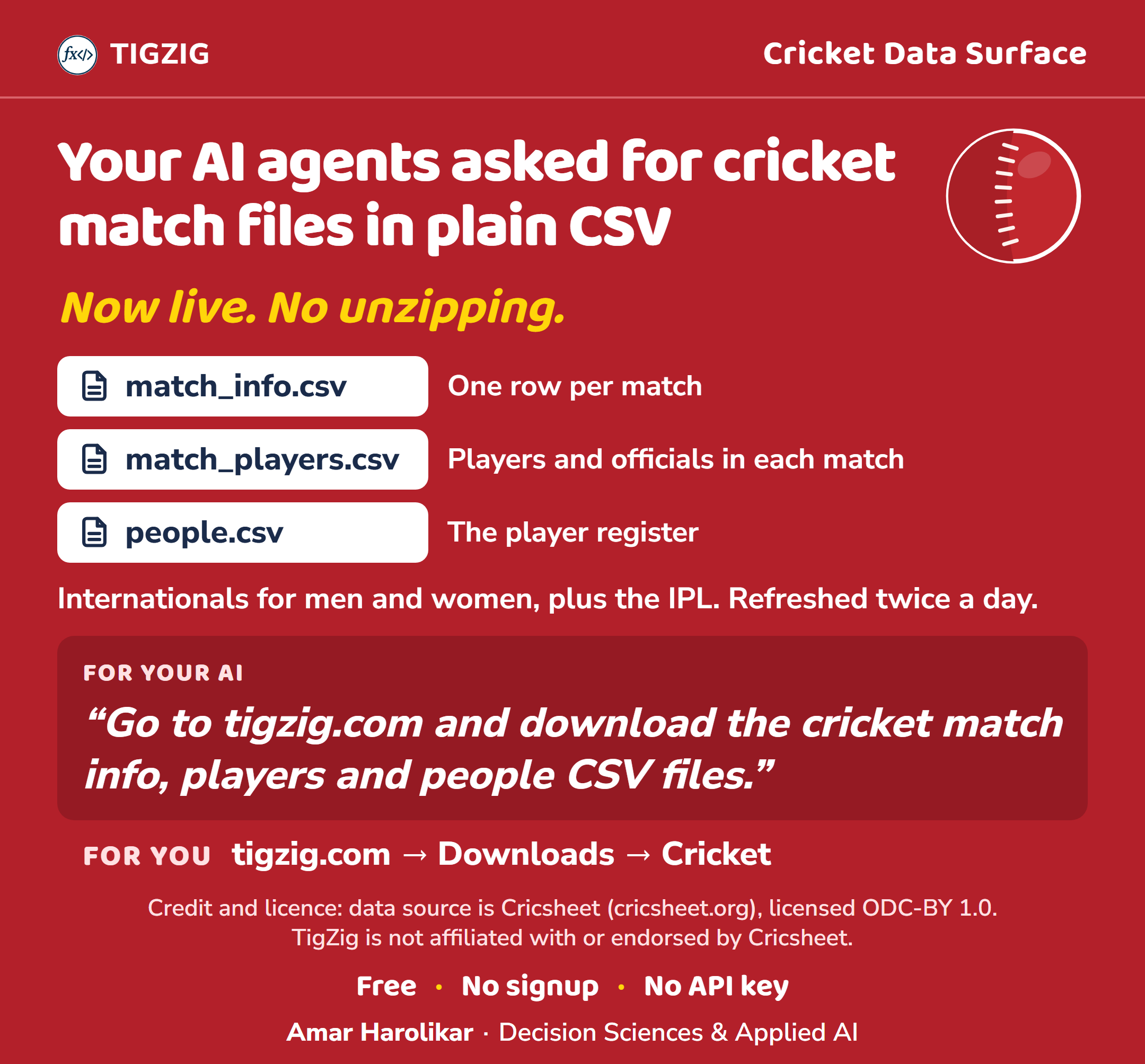 Your AI agents asked for cricket match files in plain CSV: match_info, match_players and people, now live, no unzipping