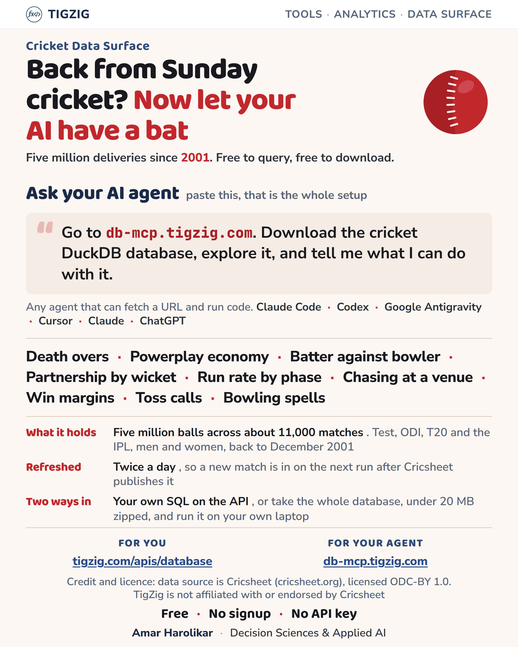Point your AI at a free ball-by-ball cricket database: five million deliveries across roughly 11,000 matches