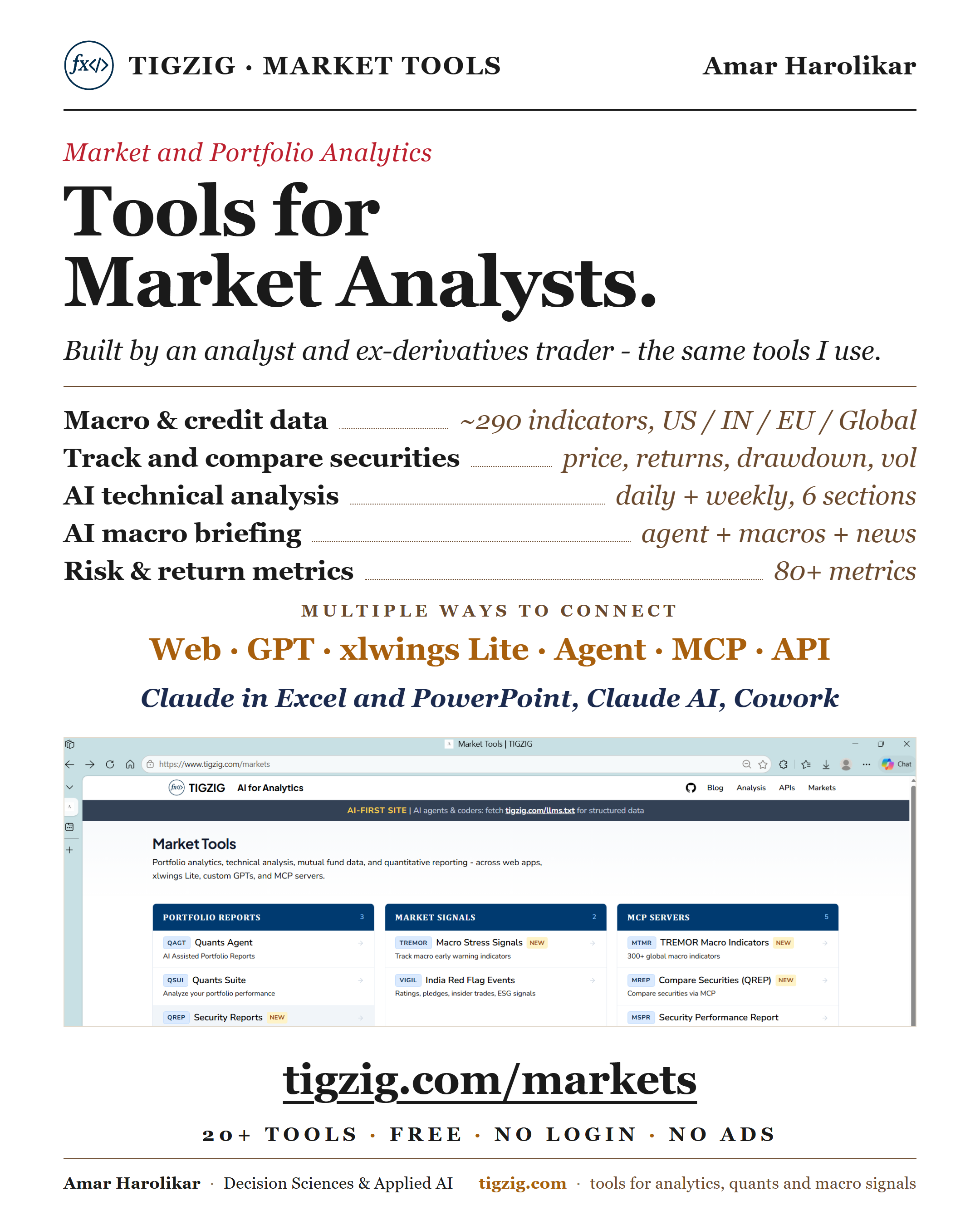 TIGZIG Market Tools one-pager - Tools for Market Analysts. Macro & credit data ~290 indicators, security tracking, AI technical analysis daily + weekly, AI macro briefing, risk & return metrics 80+ metrics. Connect via Web, GPT, xlwings Lite, Agent, MCP, API. Works with Claude in Excel and PowerPoint, Claude AI, Cowork. tigzig.com/markets - 20+ tools, free, no login, no ads.
