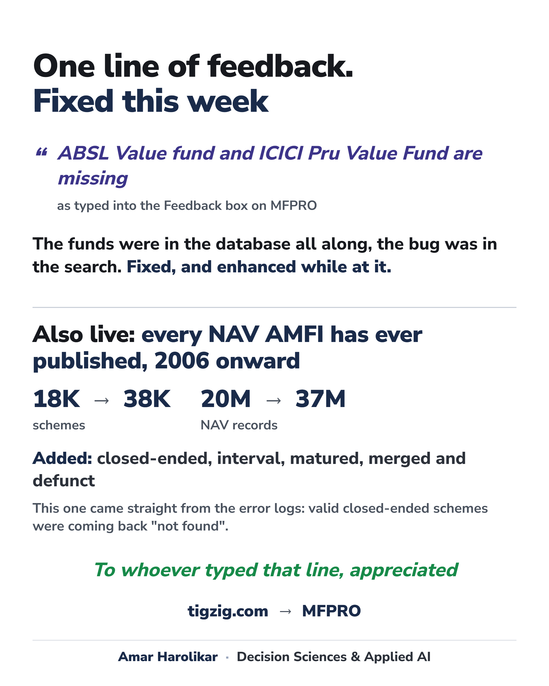 MFPRO update - one line of feedback to fix within a day - search upgrade + full AMFI NAV history 37M rows - one-pager