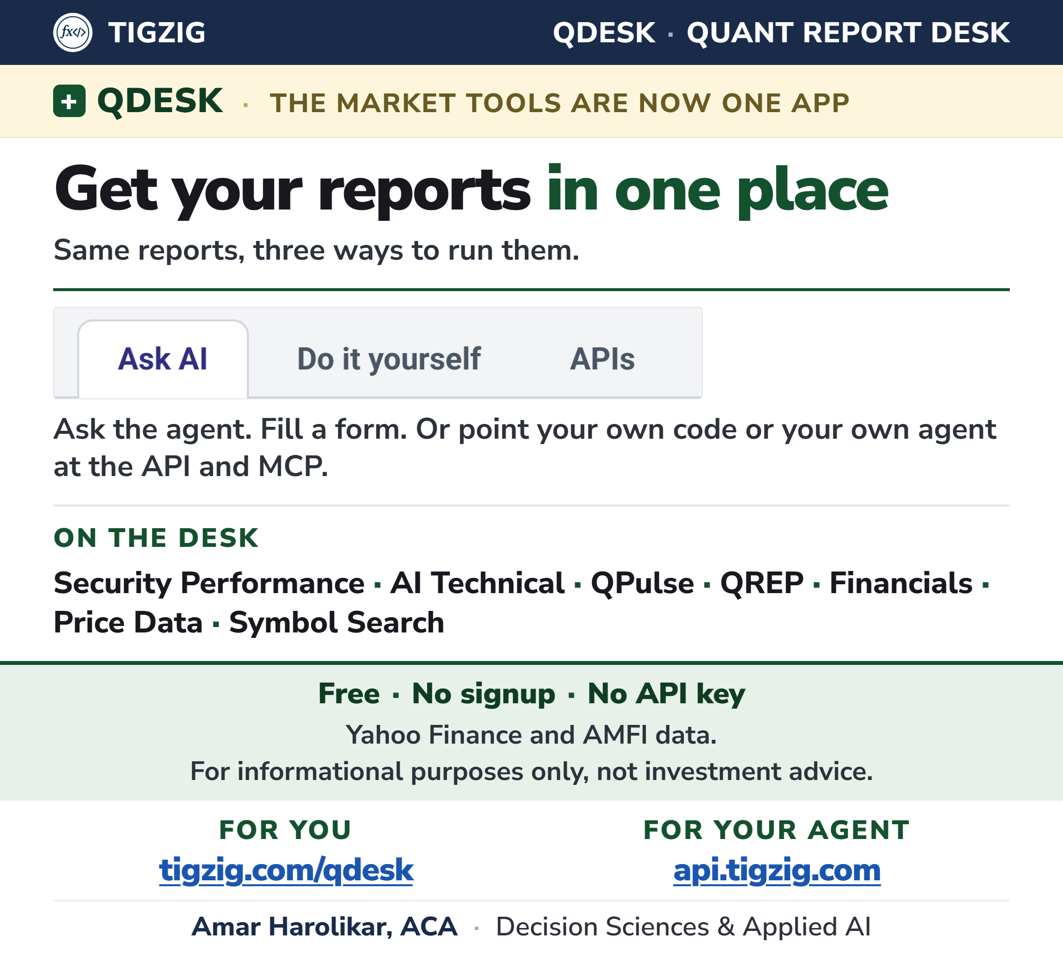QDESK: quant and portfolio reports in one app, with three ways in - ask the agent, fill a form, or point your own code or agent at the API and MCP