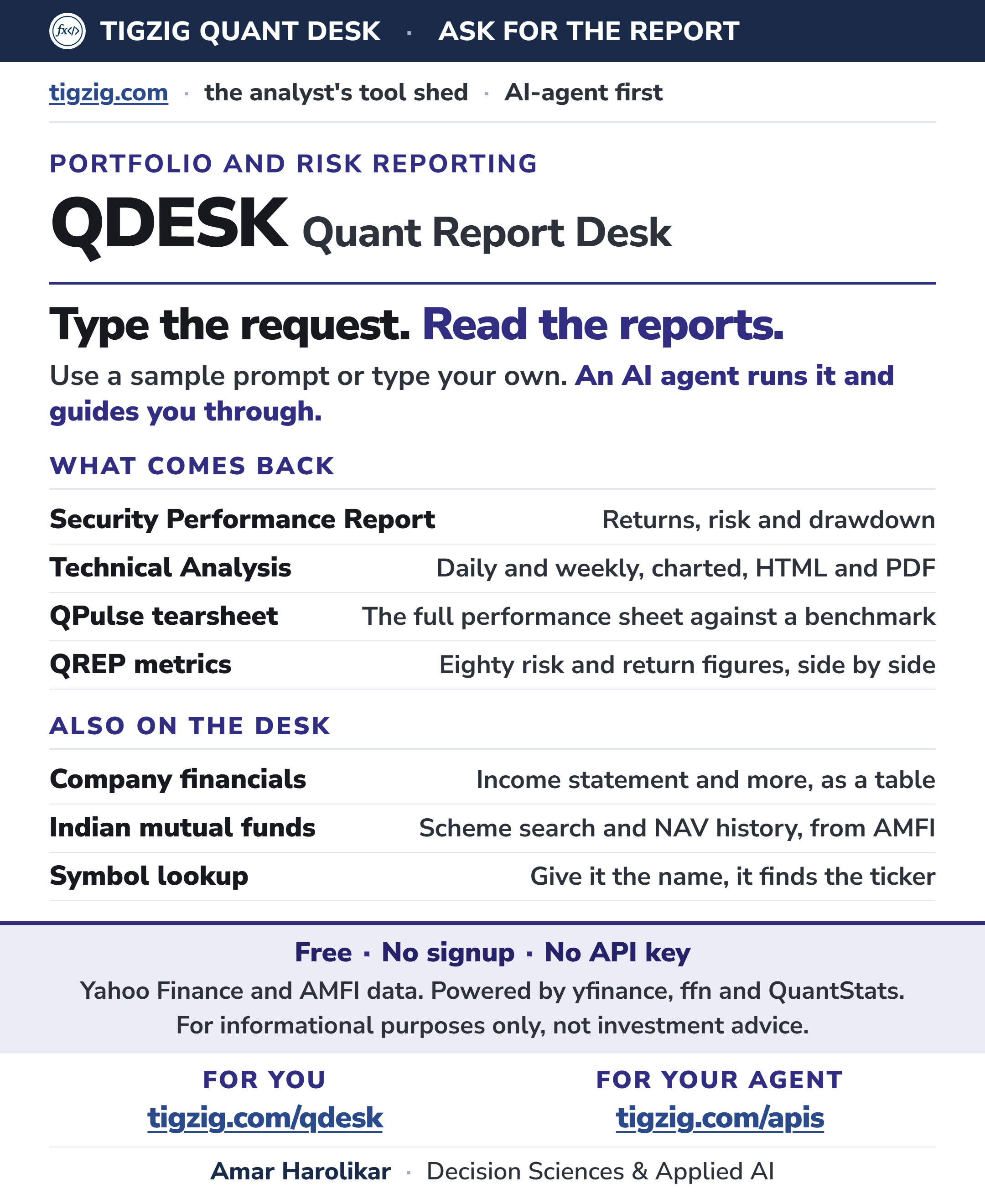 QDESK: a reporting desk for portfolio reports and financial data, with the reports it produces and the API and MCP endpoints behind them