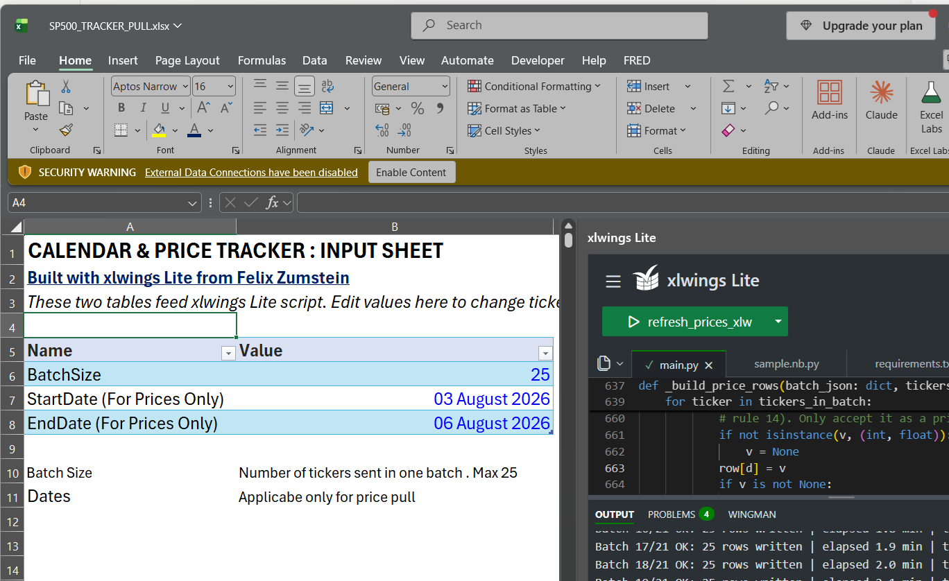 An Excel Tracker for Hundreds of Yahoo Finance Tickers, Built with xlwings Lite. For When WEBSERVICE Keeps Failing.