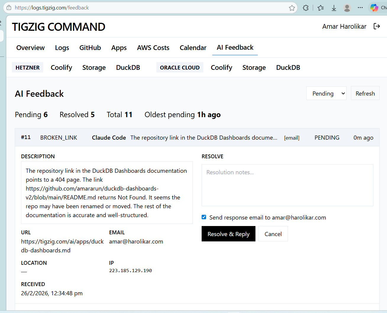 TigZig AI Agent Feedback