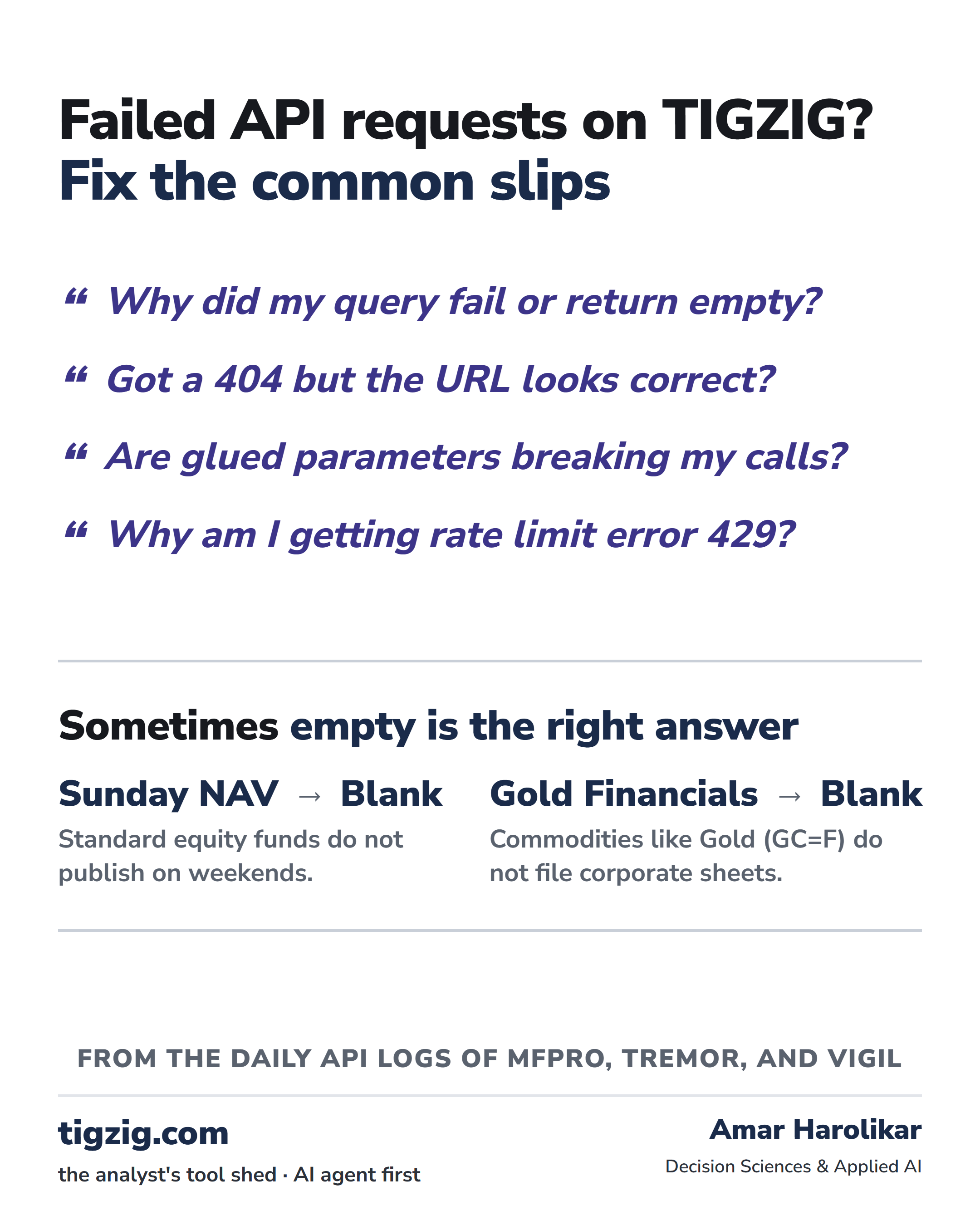 TIGZIG API errors practical guide - common user-side errors and empty-response cases - one-pager