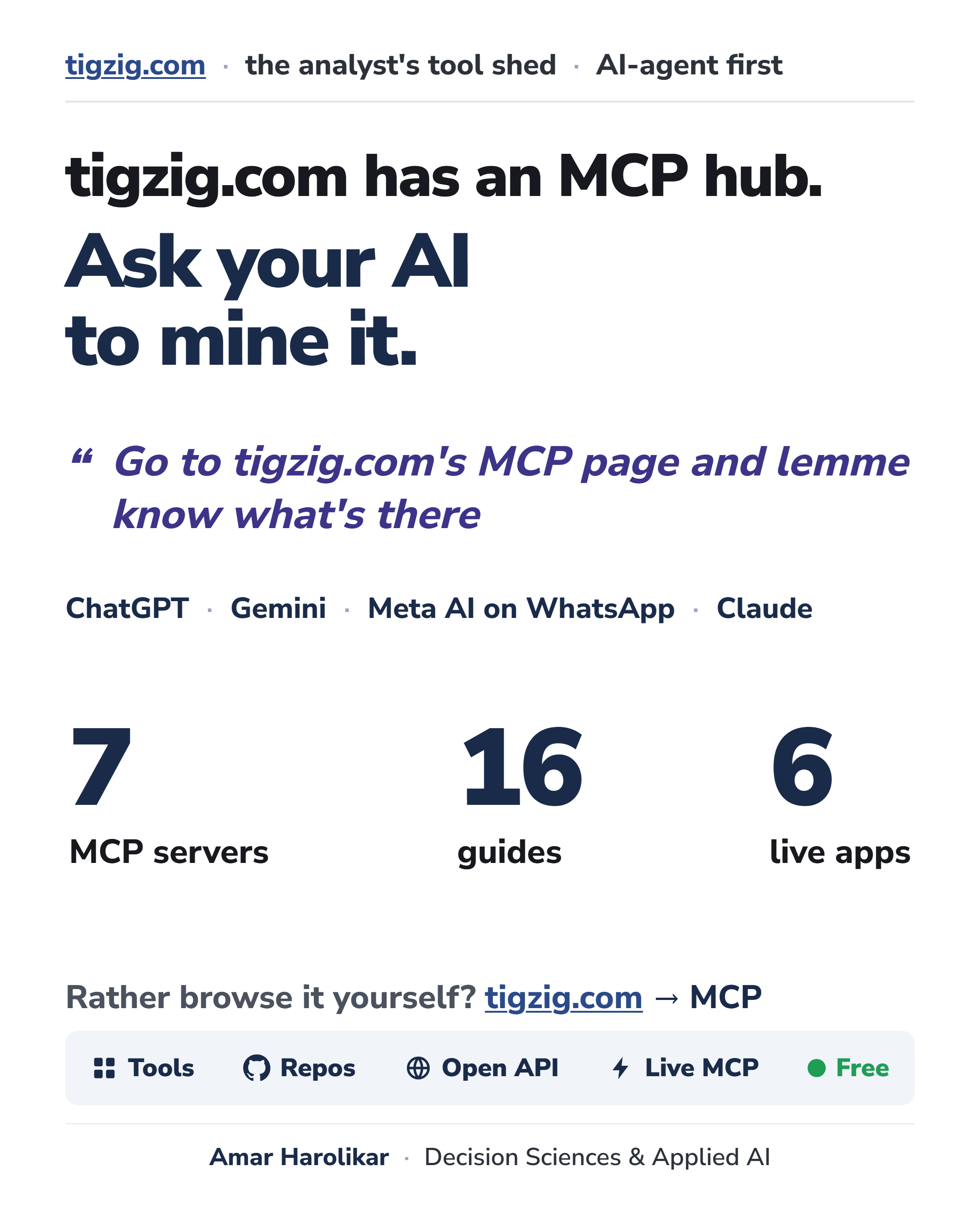 tigzig.com has an MCP hub. Ask your AI to mine it. 'Go to tigzig.com's MCP page and lemme know what's there' - works on ChatGPT, Gemini, Meta AI on WhatsApp, Claude. 7 MCP servers, 16 guides, 6 live apps. Rather browse it yourself? tigzig.com -> MCP. Tools, repos, open API, live MCP, free. tigzig.com - the analyst's tool shed - AI-agent first. Amar Harolikar, Decision Sciences and Applied AI.