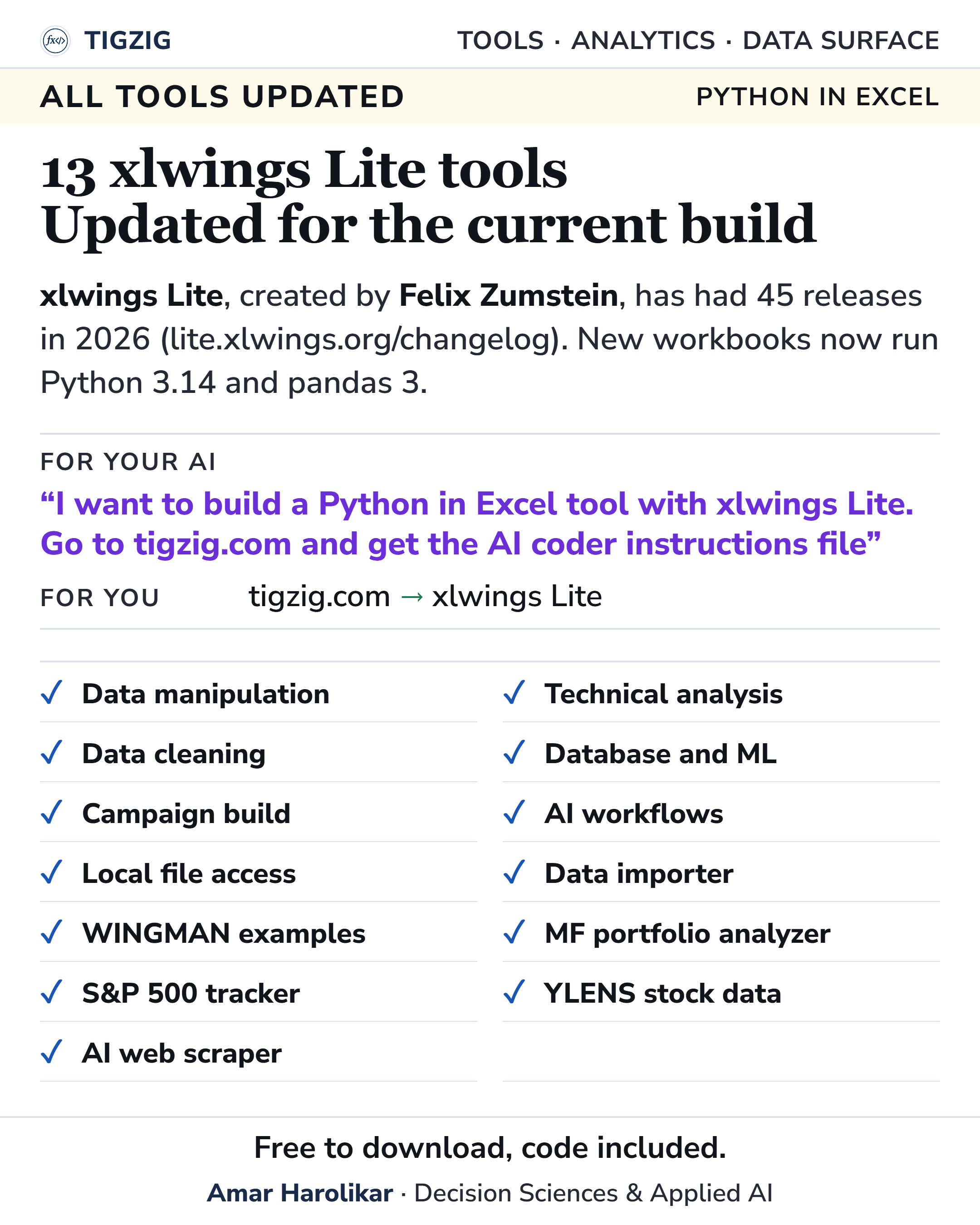 13 xlwings Lite tools updated for the current build, with the AI coder prompt and the list of tools